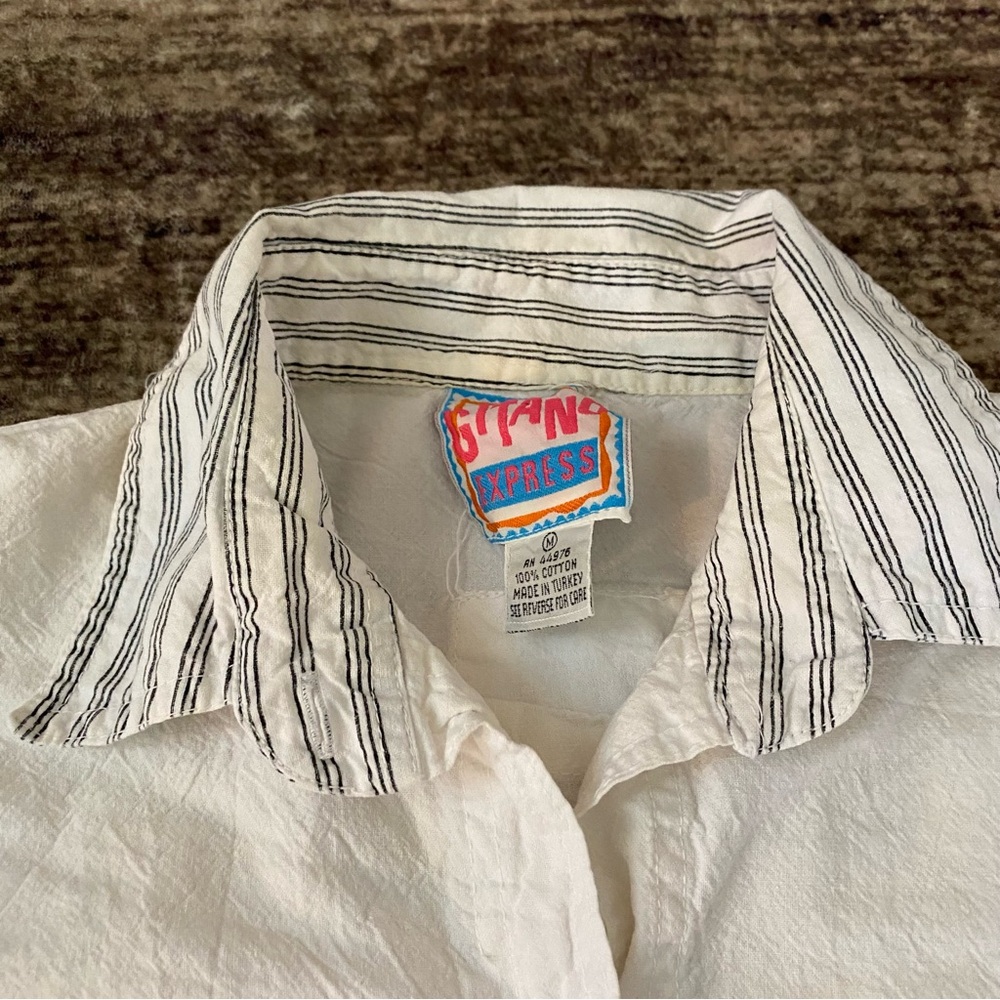 Vintage 80s 90s GITANO Men’s Cotton Button Down White Black Stripe Summer Beach - Picture 3 of 12
